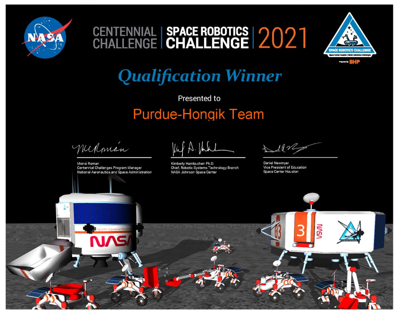 A team of researchers from Purdue University’s Polytechnic Institute and Hongik University in South Korea were designated a qualification winner for NASA's 2021 Space Robotics Challenge.