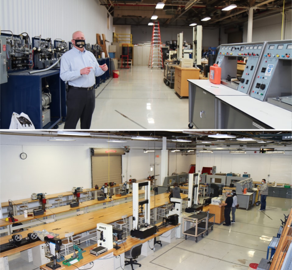 Jeffrey Griffin (top), director of Purdue Polytechnic Kokomo, describes the expansive lab space (bottom) used by mechanical engineering technology and electrical engineering technology students. (Purdue University photo/John O'Malley)