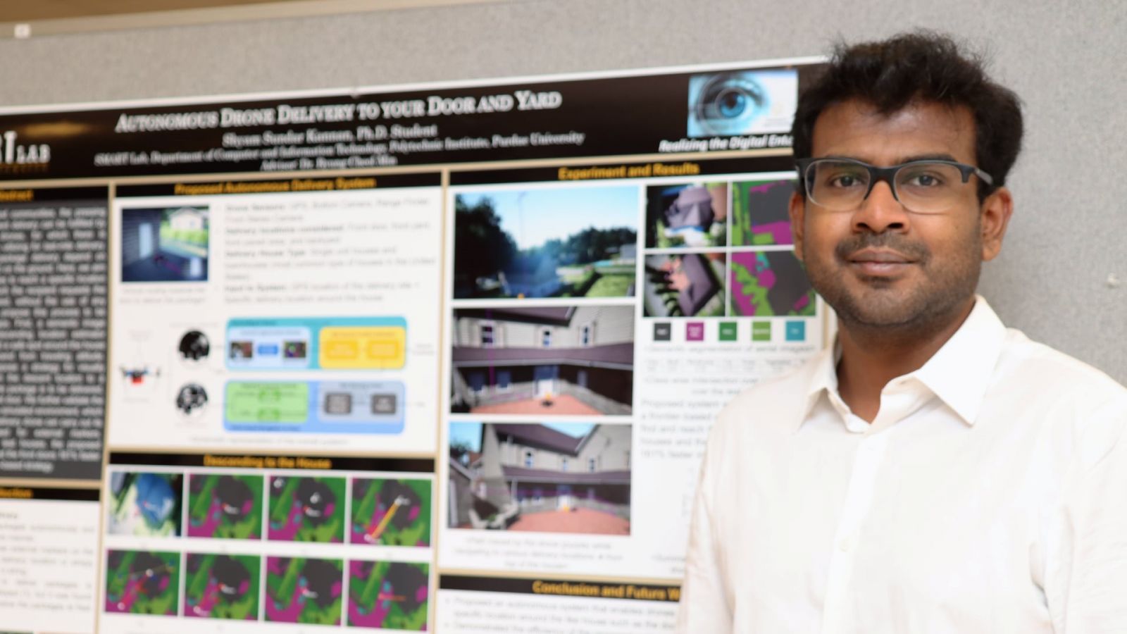 Shyam Sundar Kanaan, graduate research assistant in the Department of Computer and Information Technology, presents "“Autonomous Drone Delivery to Your Door and Yard” (Purdue University photo/John O'Malley)