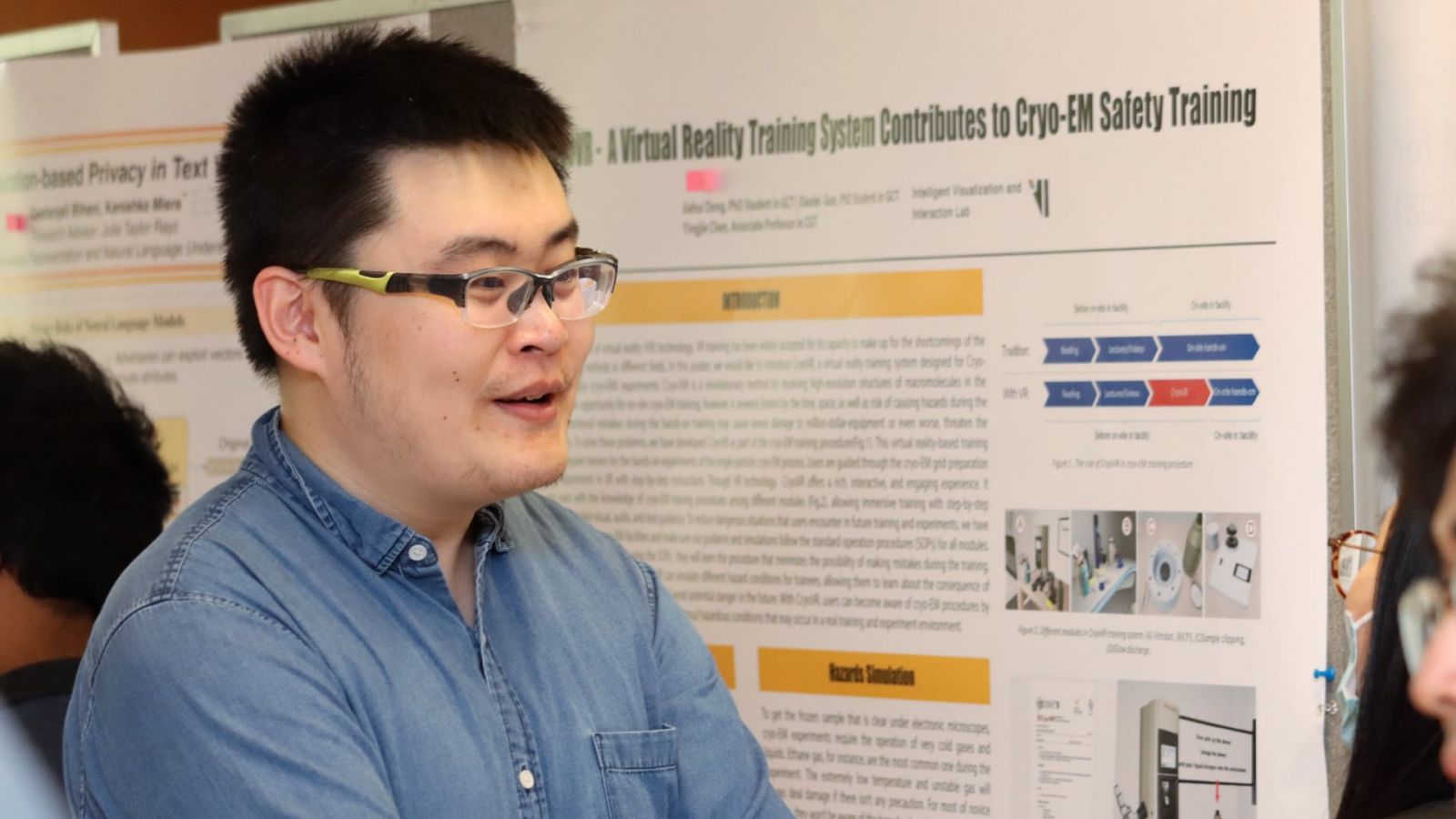 Jiahui Dong, graduate research assistant in the Department of Computer Graphics Technology, discusses his research project "CryoVR - Virtual Reality Augmented CryoEM Training" (Purdue University photo/John O'Malley)