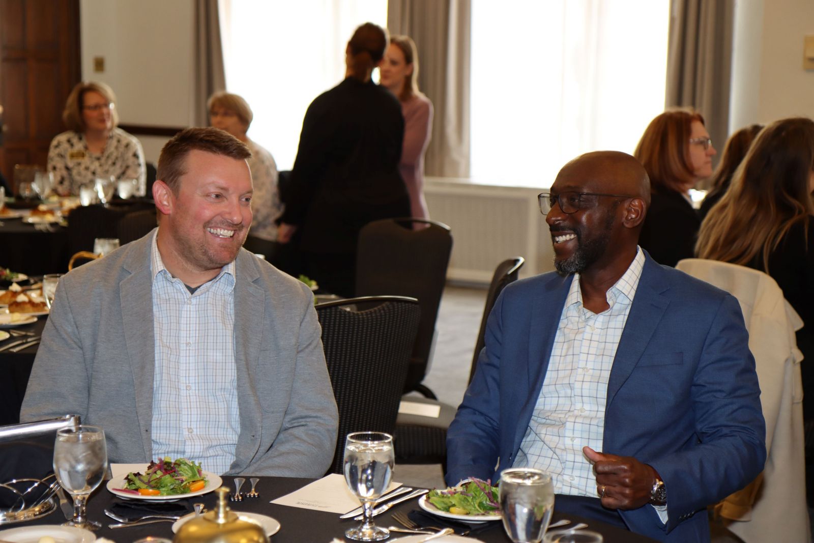 Ryan Manuel (left) and Anthony Sparkling at the May 3 Purdue Polytechnic Institute Faculty and Staff Recognition Luncheon.  (Purdue University photo/John O'Malley)