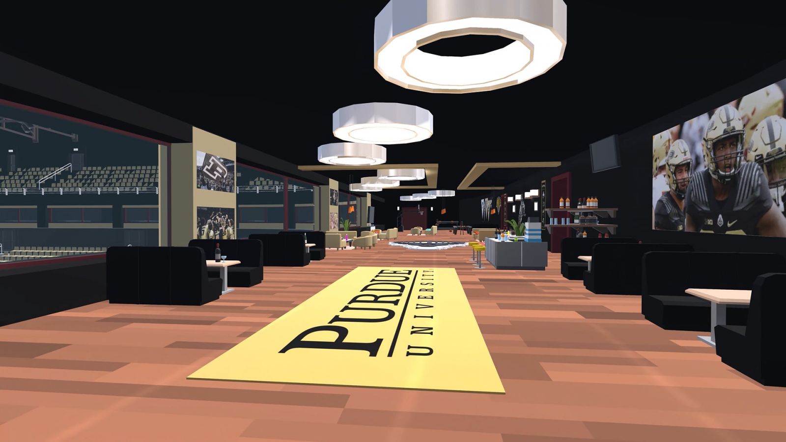 A fully-interactive replica of the private luxury suites, outfitted with activities designed and customized by Design Futures students and with a view of the virtual playing field at Ross-Ade Stadium. (Courtesy of Iconic Engine)