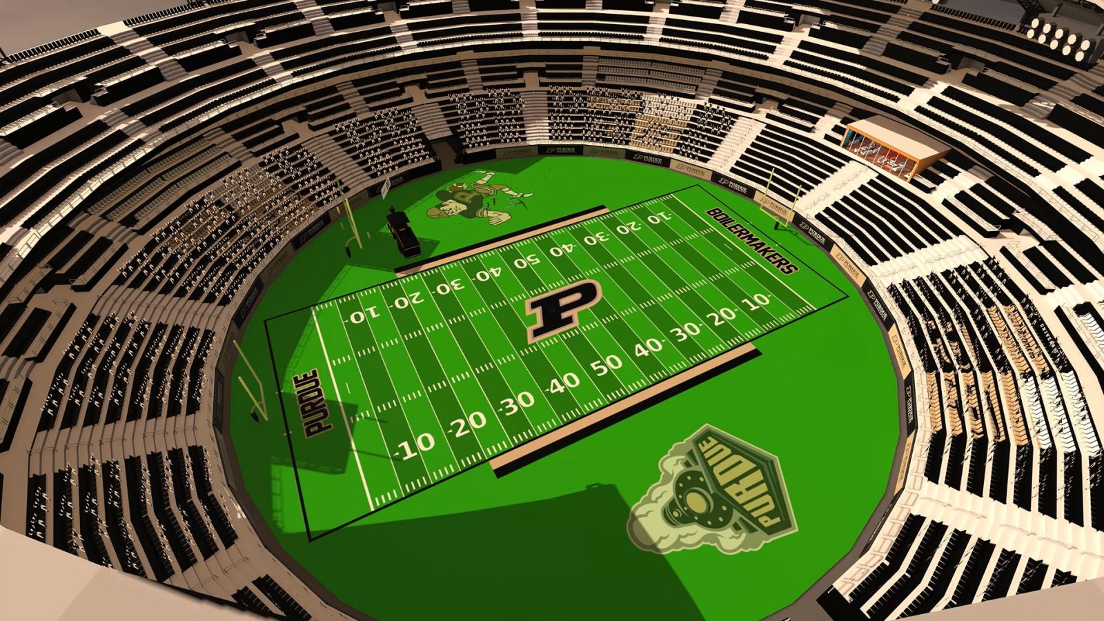 Aerial view of Ross-Ade Stadium, as rendered in the Dream Futures extended-reality game interface. This interface uses the Unity game engine as the baseline software, with in-game objects and other assets provided by Iconic Engine. (Courtesy of Iconic Engine)