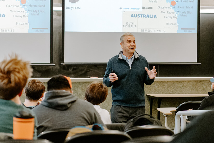 Bryan Hubbard, nominated by his students to be a Murphy Award winner, teaches a course in the School of Construction Management Technology. (Purdue University/The Persistent Pursuit)