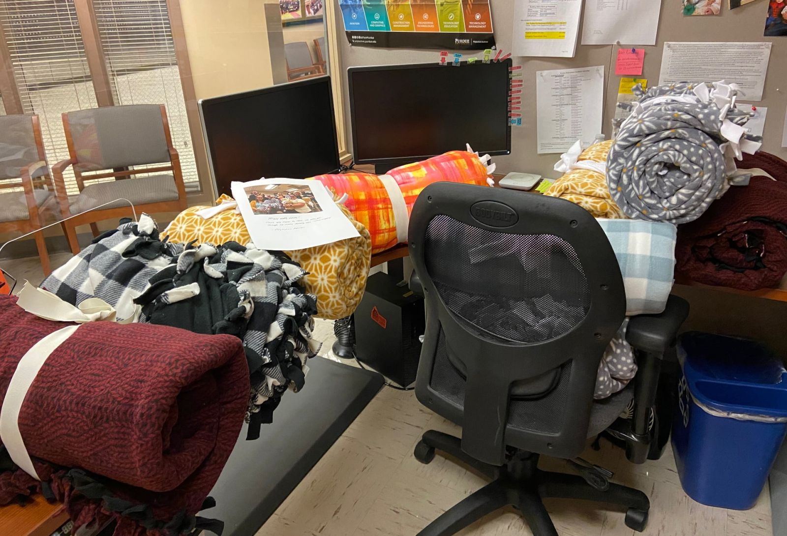 What a surprise! LaGrange arrived to work to find handmade blankets scattered across her desk. (Photo provided)