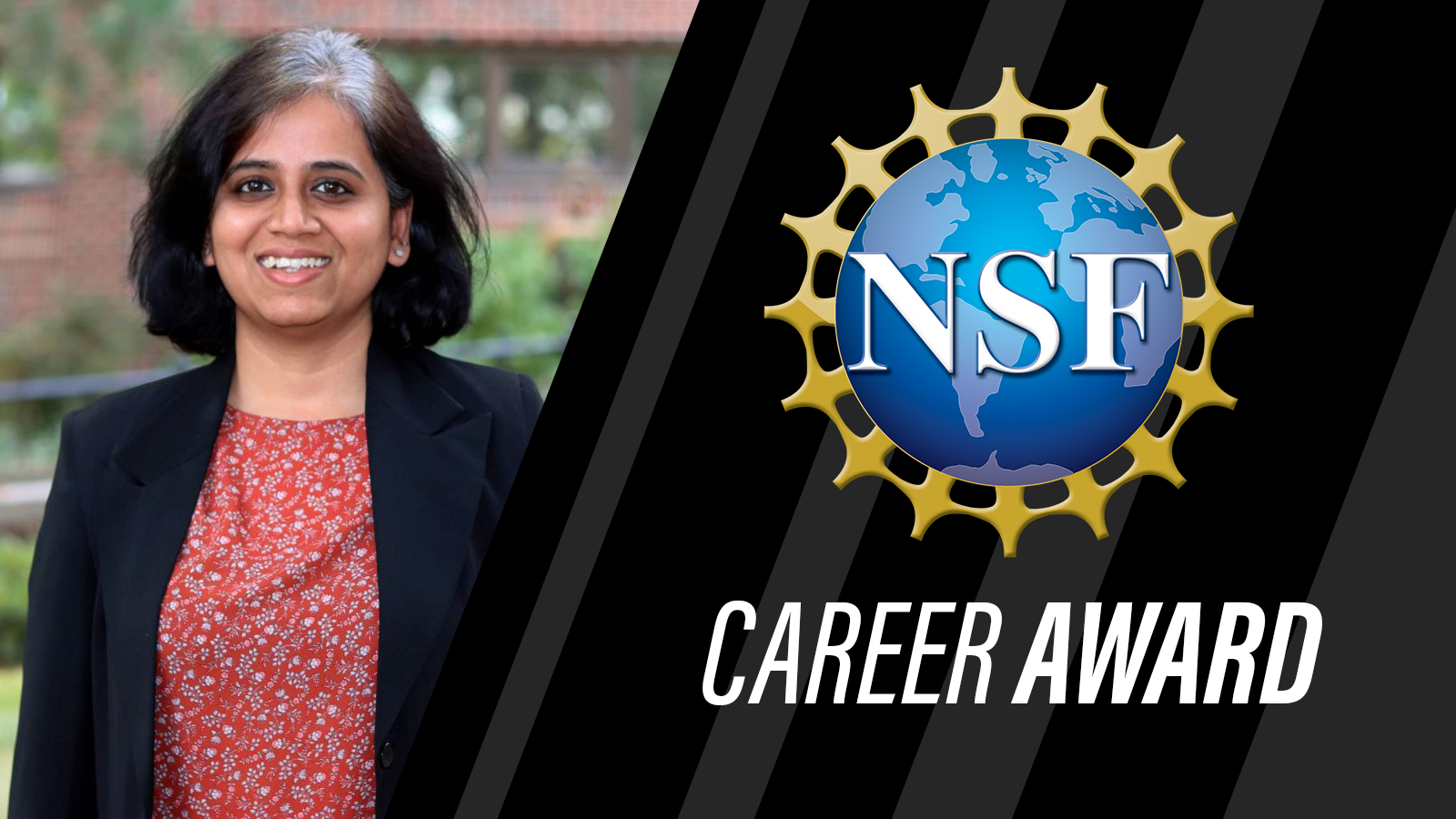 Romila Pradhan became a faculty member in Purdue Polytechnic's Department of Computer and Information Technology in 2019. (Purdue Polytechnic/John O'Malley and NSF logo)