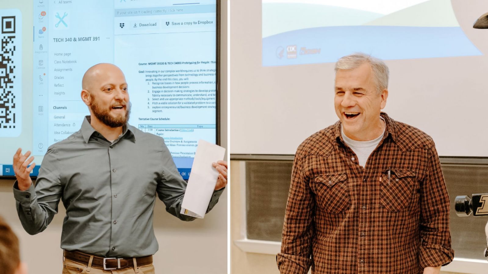 Greg Strimel and Bryan Hubbard learn they each received a 2023 Murphy Award, Purdue's highest undergraduate teaching honor, via surprise announcements in their classes. (Purdue University photos/Kelsey Lefever)