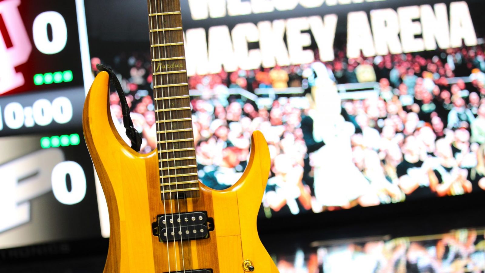 Gryphon Mawhorter's guitar, made from the wood of a prior era of Mackey court floor. (Purdue University photo/Nick Pompella)