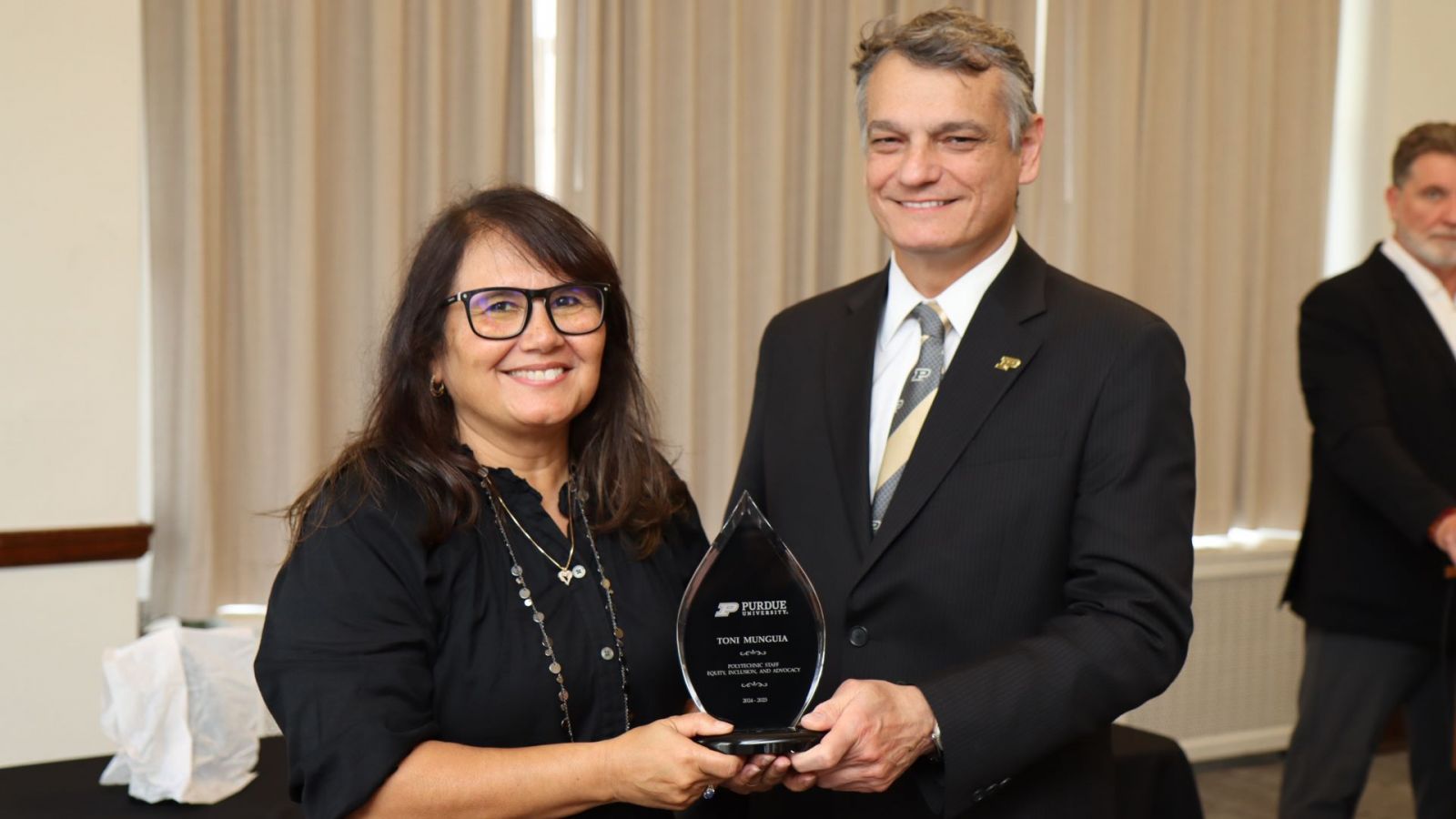 Antonia Mungia (or, popularly, "Miss Toni") receiving the Equity, Inclusion, and Advocacy Award during Purdue Polytechnic's 2025 awards luncheon. (Purdue University photo/John O'Malley)