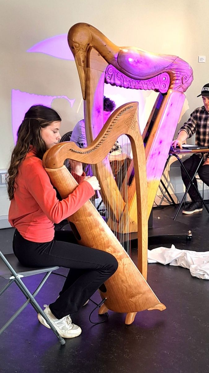 Two harpists, one playing acoustically and one with the laser harp, rehearse ahead of Virginia, County Cavan's Culture Night. (Photo provided: Joey Burns)