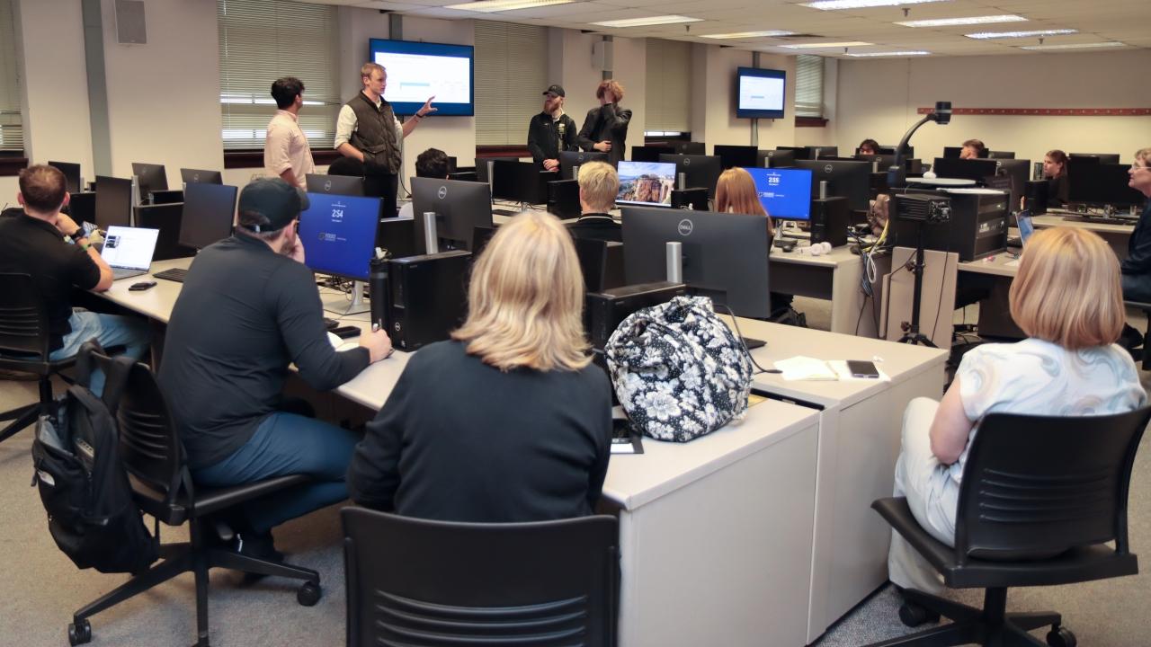 Pictured: Student presentation to three partners from Aramark, the company that runs Purdue Food Co., which is the vendor that takes care of various food marts on campus such as the self-service food shop at Dudley Hall. (Purdue University photo/John O'Malley)