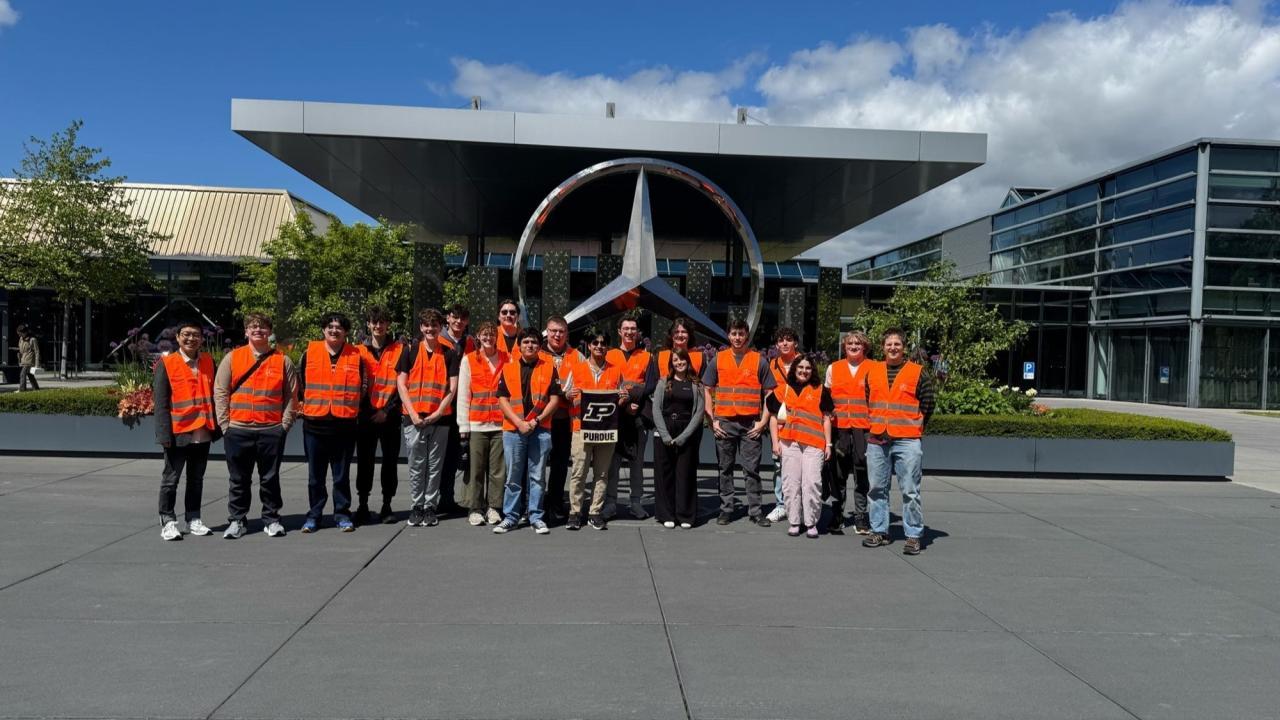 The Purdue group during the Mercedes-Benz factory tour. (Photo credit: James Tanoos)
