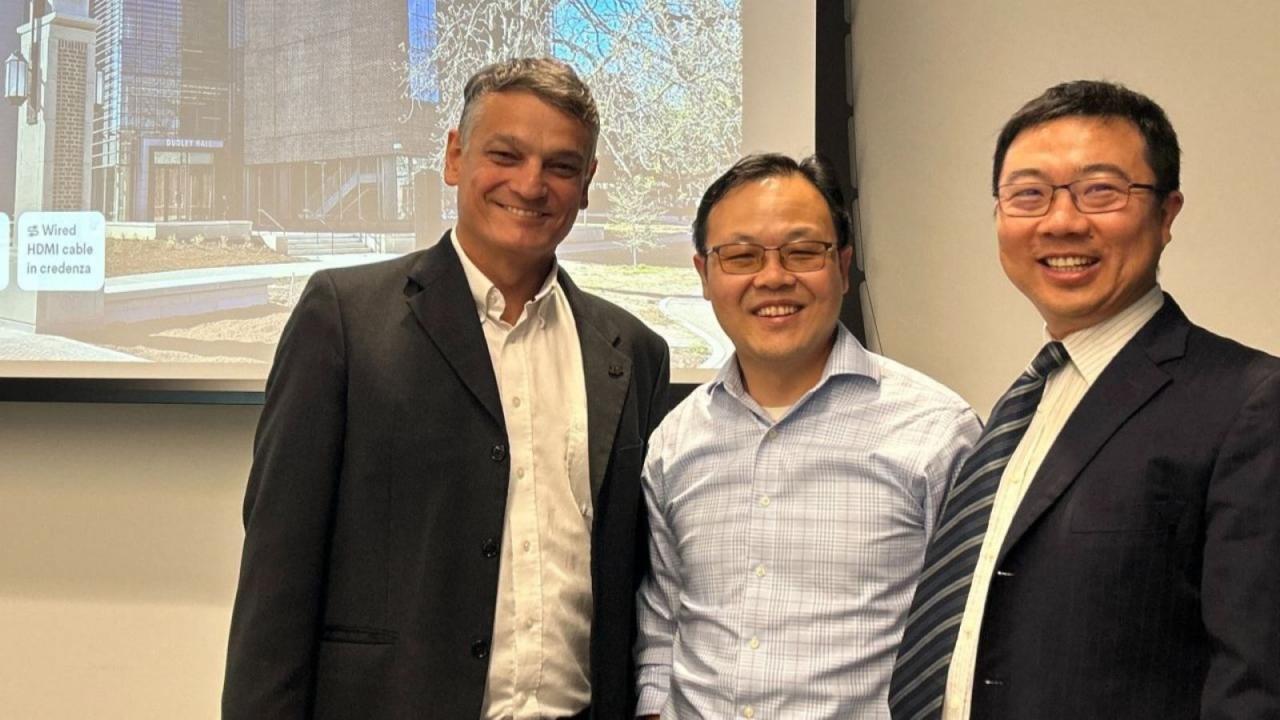 rom left to right: Daniel Castro, dean of Purdue Polytechnic, Pingbo Tang of Carnegie Mellon, and Jiansong Zhang, associate professor of construction management technology and DigiTRACKER's inaugural director, at the new center's first seminar.