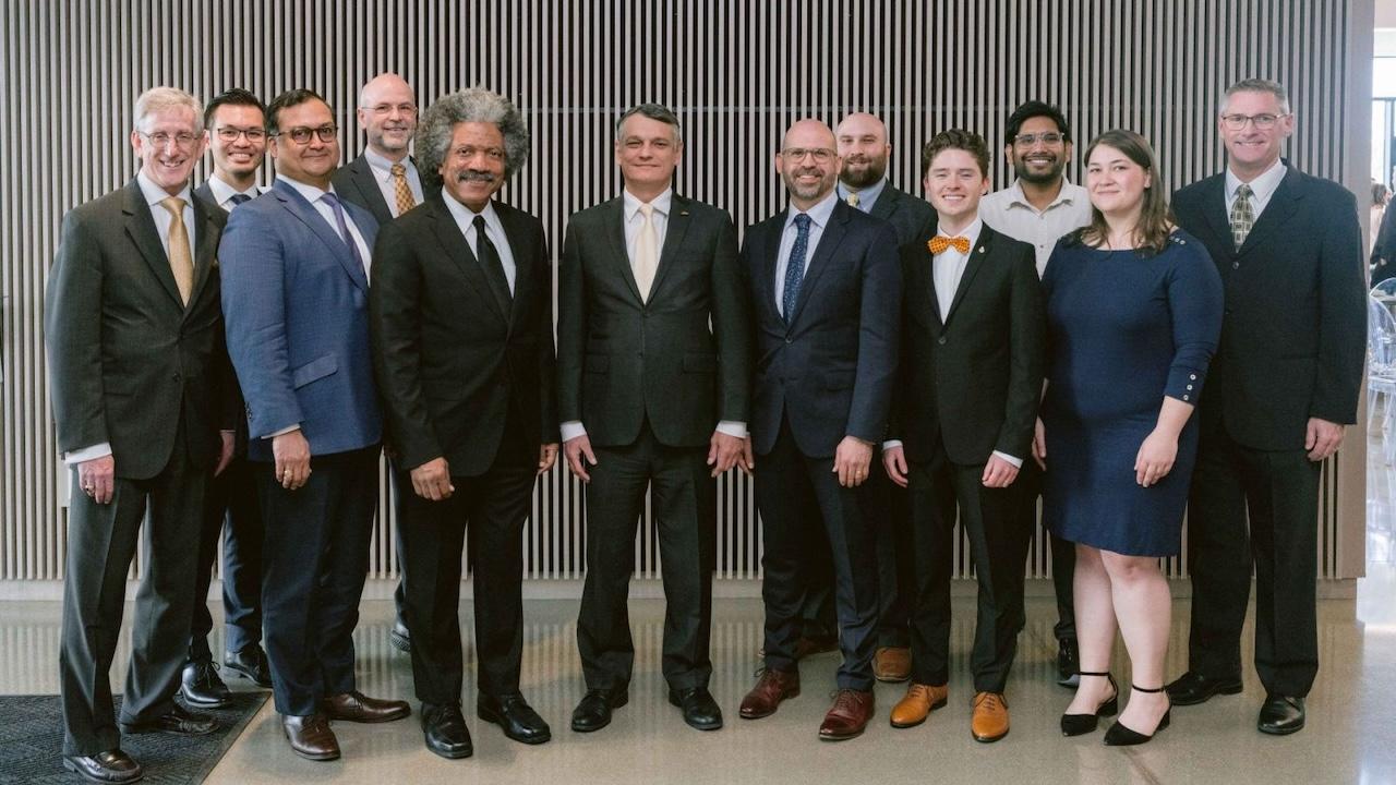 The collected winners of the Tech Alumni Awards with Dean Daniel Castro (center). (Purdue University photo/Madison Kirby)
