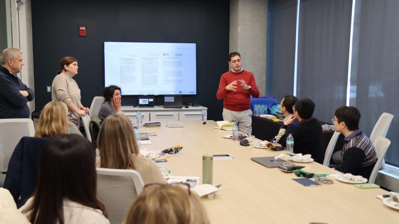 Purdue's Bryan Hubbard (front left) hosted Carmen María Muñoz González, María Dolores Joyanes Díaz, and Jonathan Ruiz Jaramillo for a research seminar in the Bowen School of Construction. (Purdue University photo/John O'Malley)