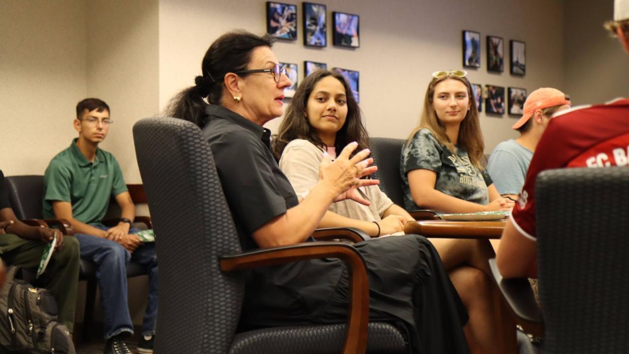 Vera Hummel (left) visited a packed room in Knoy Hall at Purdue on August 23.