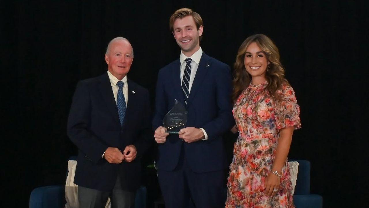 (Left to right) Former Indiana Governor and Purdue University President, as well as current interim Purdue Pres. Mitch Daniels, anu CEO Scott Massey, and MDLF Executive Director Lauren Petersen James at the 2026 MDLF Annual Event.