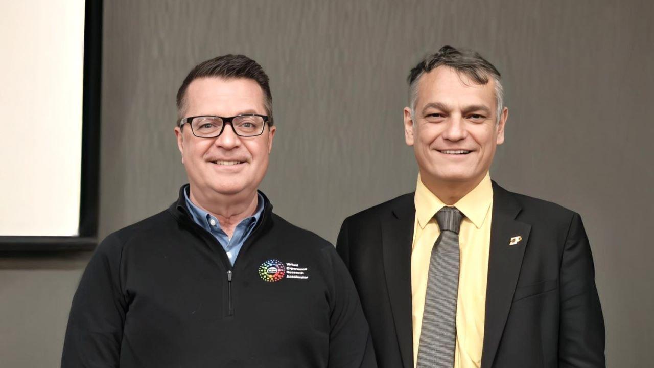 Dr. Welch (left) with Purdue Polytechnic's Dean Daniel Castro during the April 17 installment of the lecture series. (Photo provided: Justin Yang)