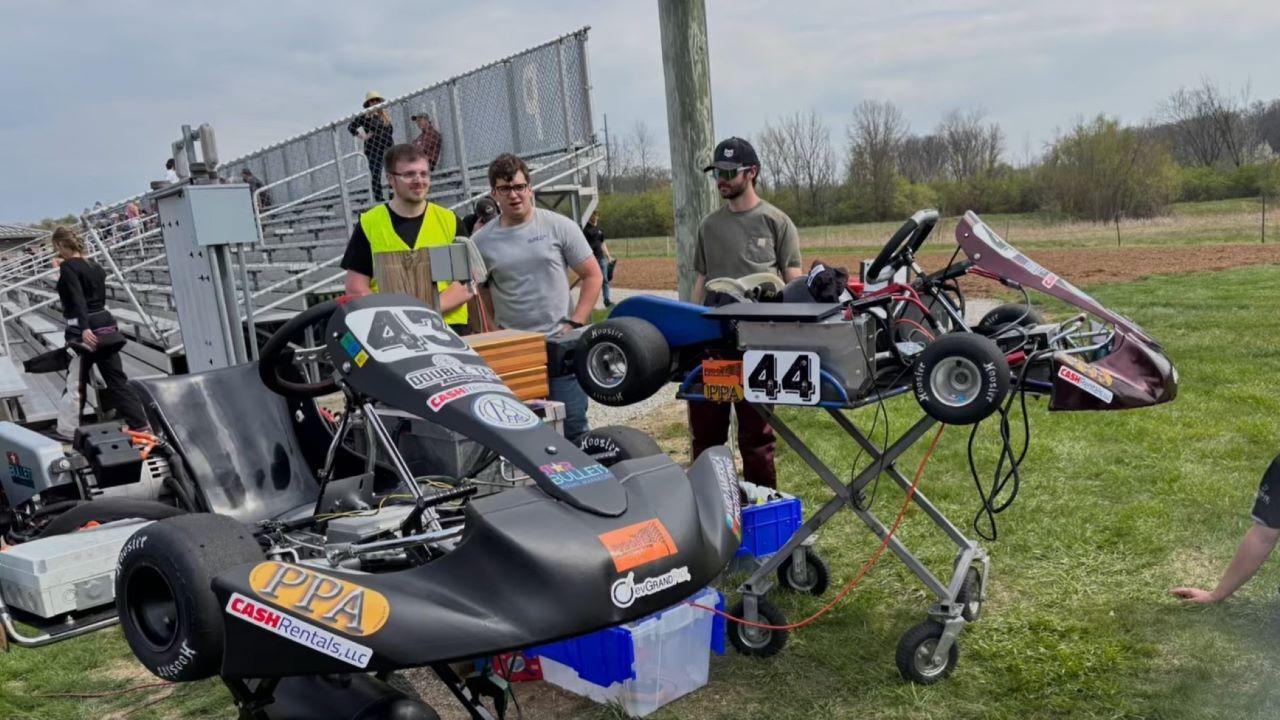 Anderson team members with their two karts in competition at the April 18 EVGrandPrix. (Courtesy: Purdue Polytechnic in Anderson)