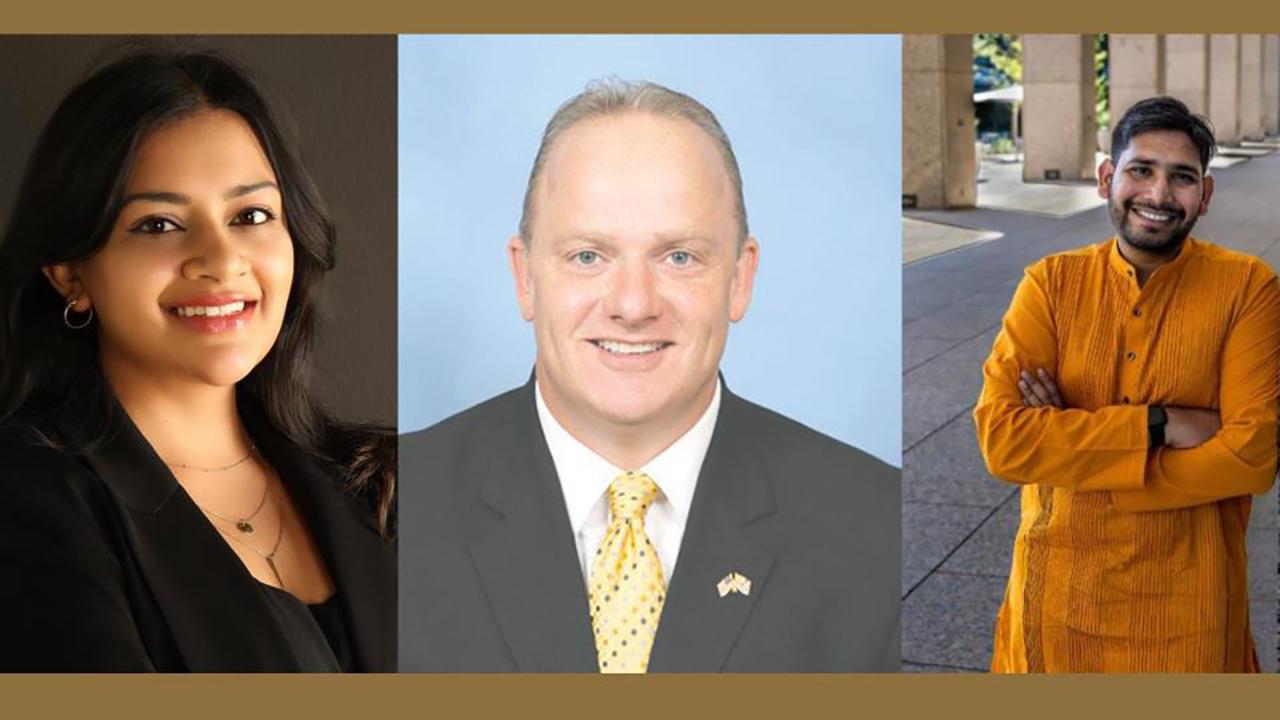 The top executives in 2023's PTAB. From left to right: Kirti Chintalapudi (VP), Michael Johnston (president), Ram Ramisetti (secretary)