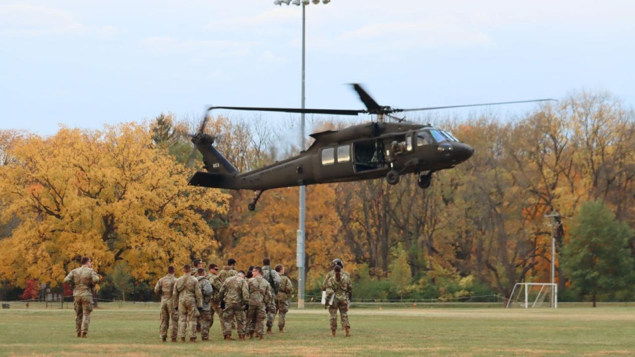 The Indiana National Guard provided helicopters for the Army ROTC's recent training exercise. (Purdue University photo/John O'Malley)
