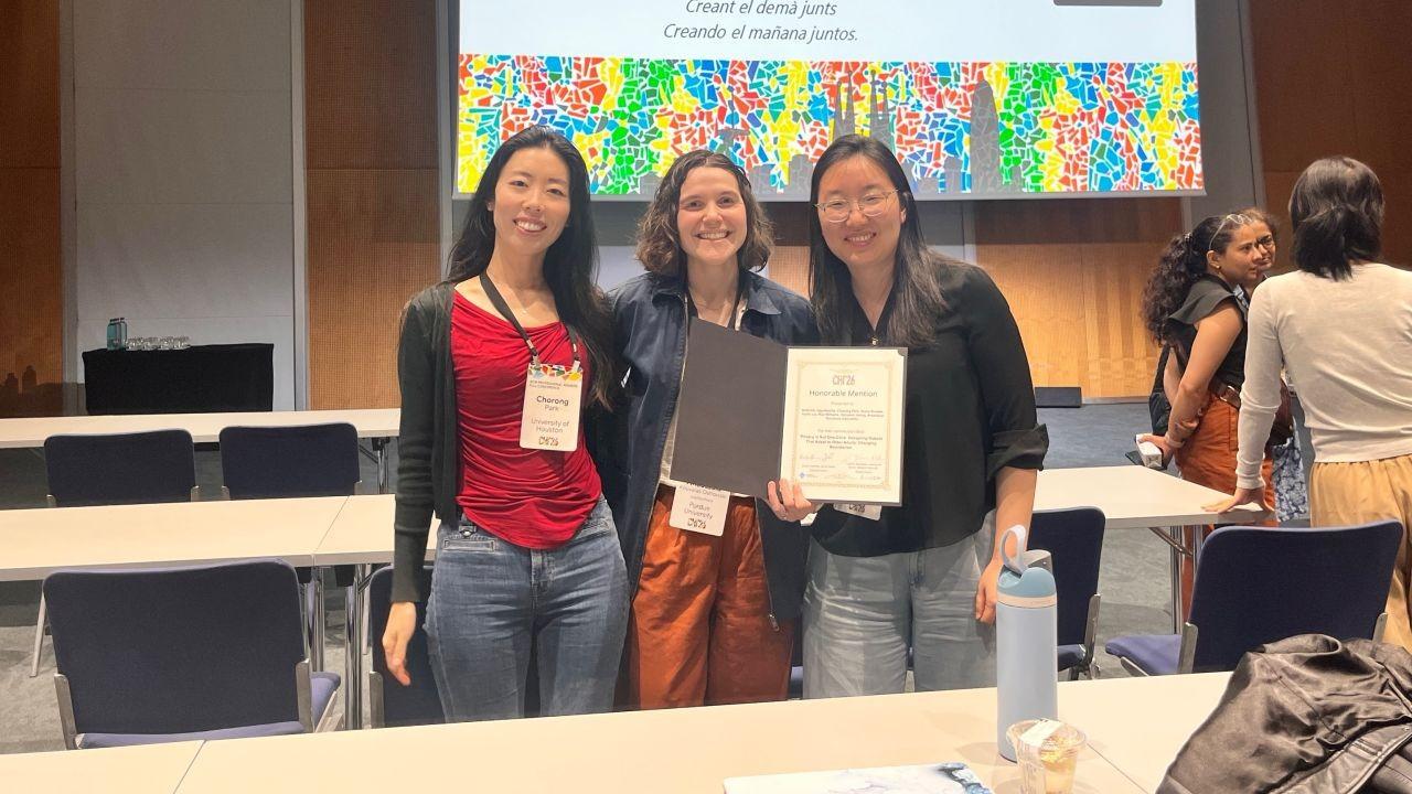 The honorably-mentioned paper's coauthors (left to right: Chorong Park, Anastasia Kouvaras Ostrowski, Sooyeon Jeong) challenge the standard tech industry model of EULAs in their reseach. (Photo credit: Chorong Park)