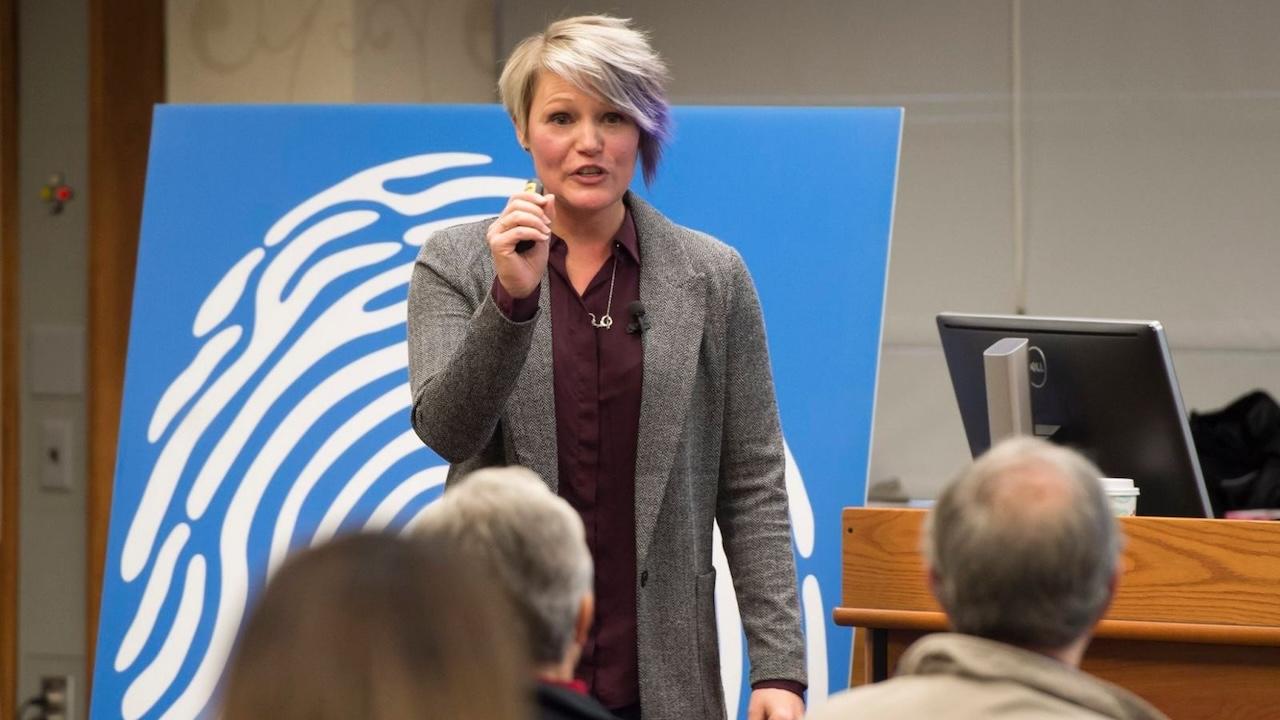 Kathryn Seigfried-Spellar presenting at Purdue's 2018 "Dawn or Doom?" event. (Purdue University photo/Mark Simons)