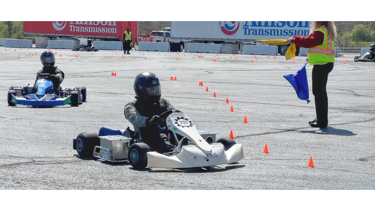 Drivers of electric go-karts take laps on a course at Allison Transmission in Indianapolis designed to mimic the Purdue Grand Prix track. 