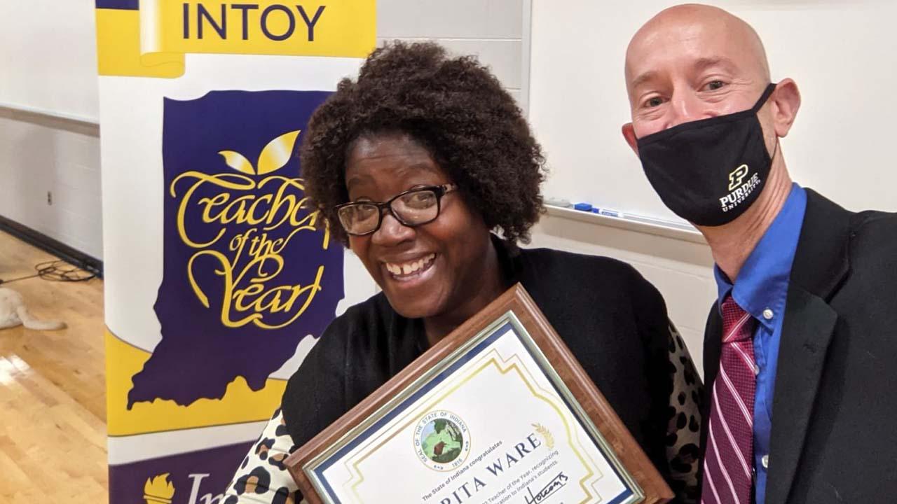 Sharita Ware, the 2022 Indiana Teacher of the Year, and Nathan Mentzer, associate professor of technology leadership and innovation. (Photo provided)