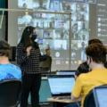 Graduate student Lakshmy Mohandas instructs Tech 120 students in person while Nathan Mentzer, associate professor of technology leadership and innovation, teaches online through Microsoft Teams at the same time.