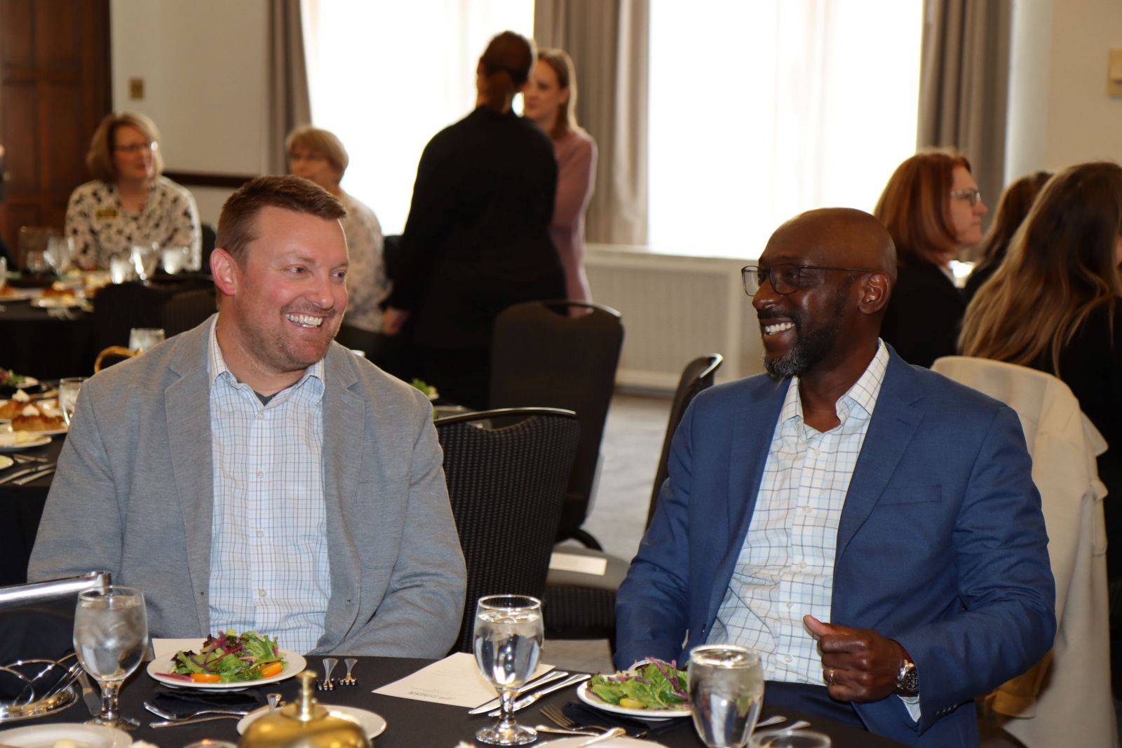 Ryan Manuel (left) and Anthony Sparkling at the May 3 Purdue Polytechnic Institute Faculty and Staff Recognition Luncheon. (Purdue University photo/John O'Malley)