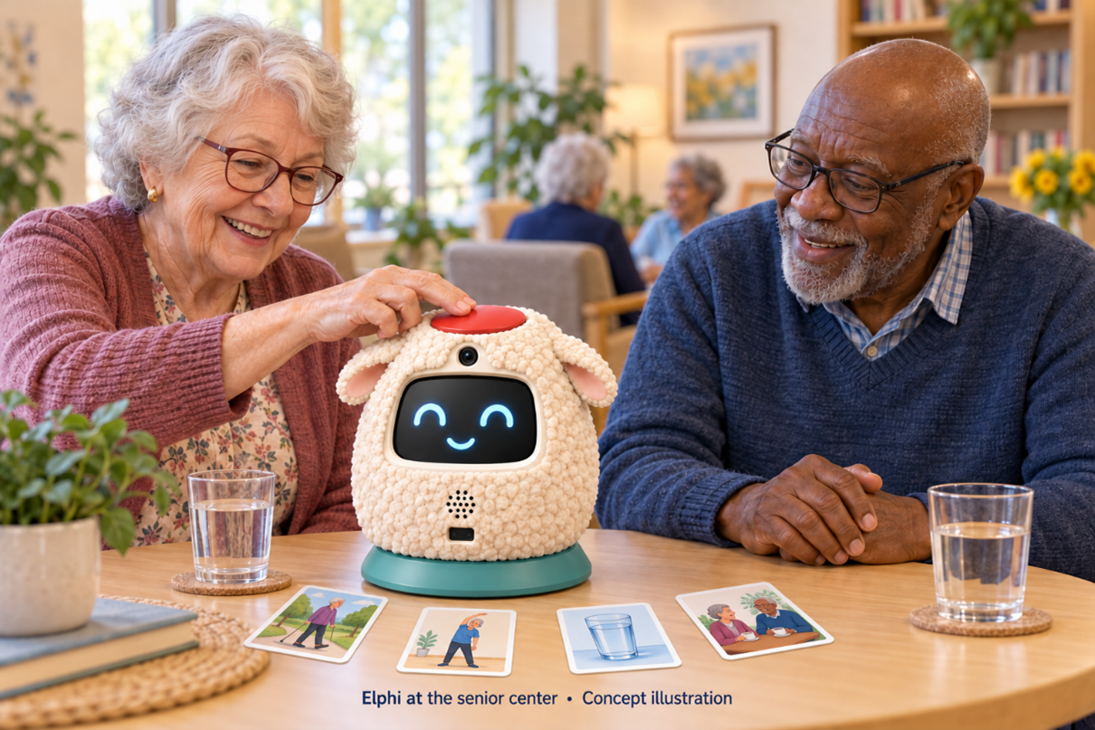 AI-generated concept illustration of Elphi in a senior-center setting. The robot and its healthy-routine interactions are under development.