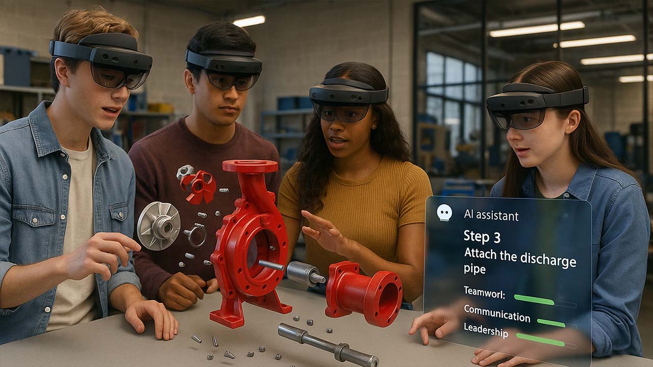 HRD students wearing HoloLens headsets assemble a holographic pump with floating parts while an AI assistant displays step-by-step guidance; activity targets teamwork, communication, and leadership skills.